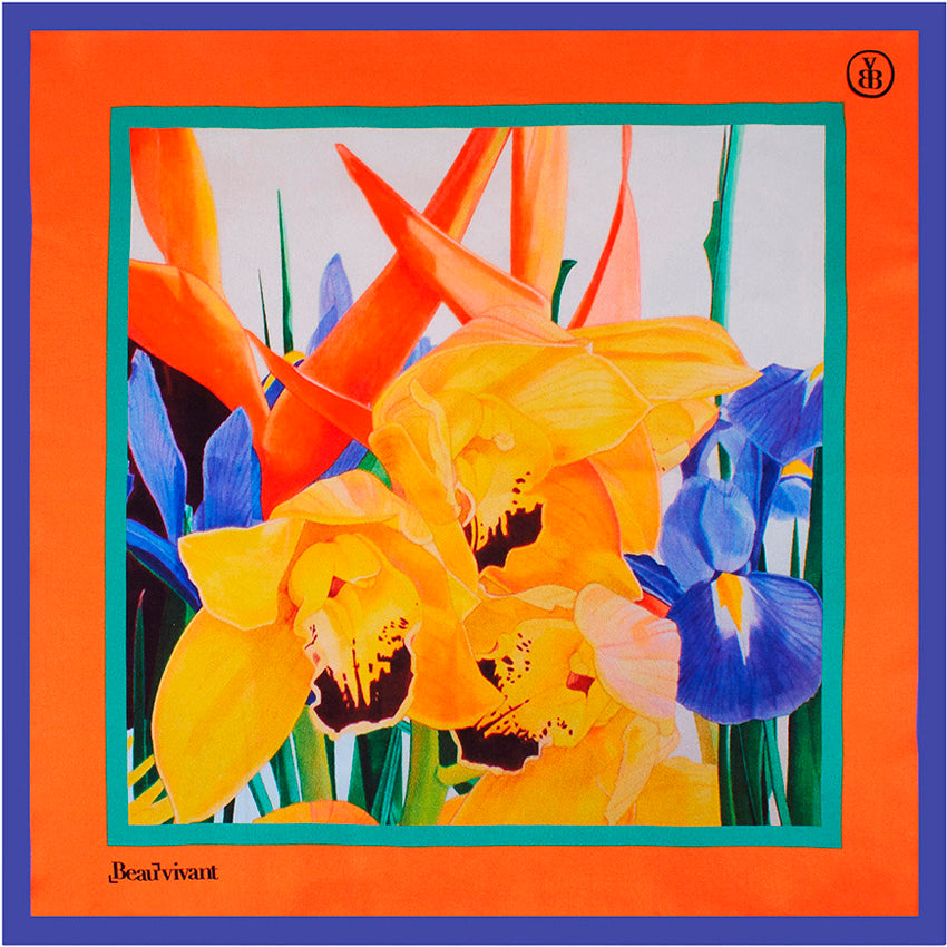 Iris et Orchidées 18" silk scarf